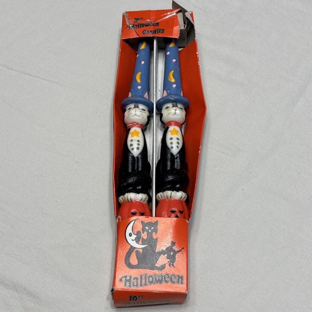 NOS NEW Vintage Pair‎ Of Halloween Candles Handpainted Cats  10 Inch